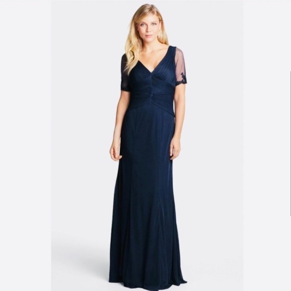 Adrianna Papell NWT Navy Blue V-Neck Sheer Mesh Beaded Sleeve Gown - Picture 2 of 9